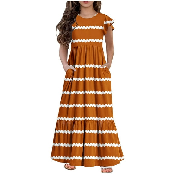 Girl's Long Dresses Short Sleeve Splicing Striped Casual Maxi Dress Summer Lightweight Flowy Swing Dress for 6-13 Years