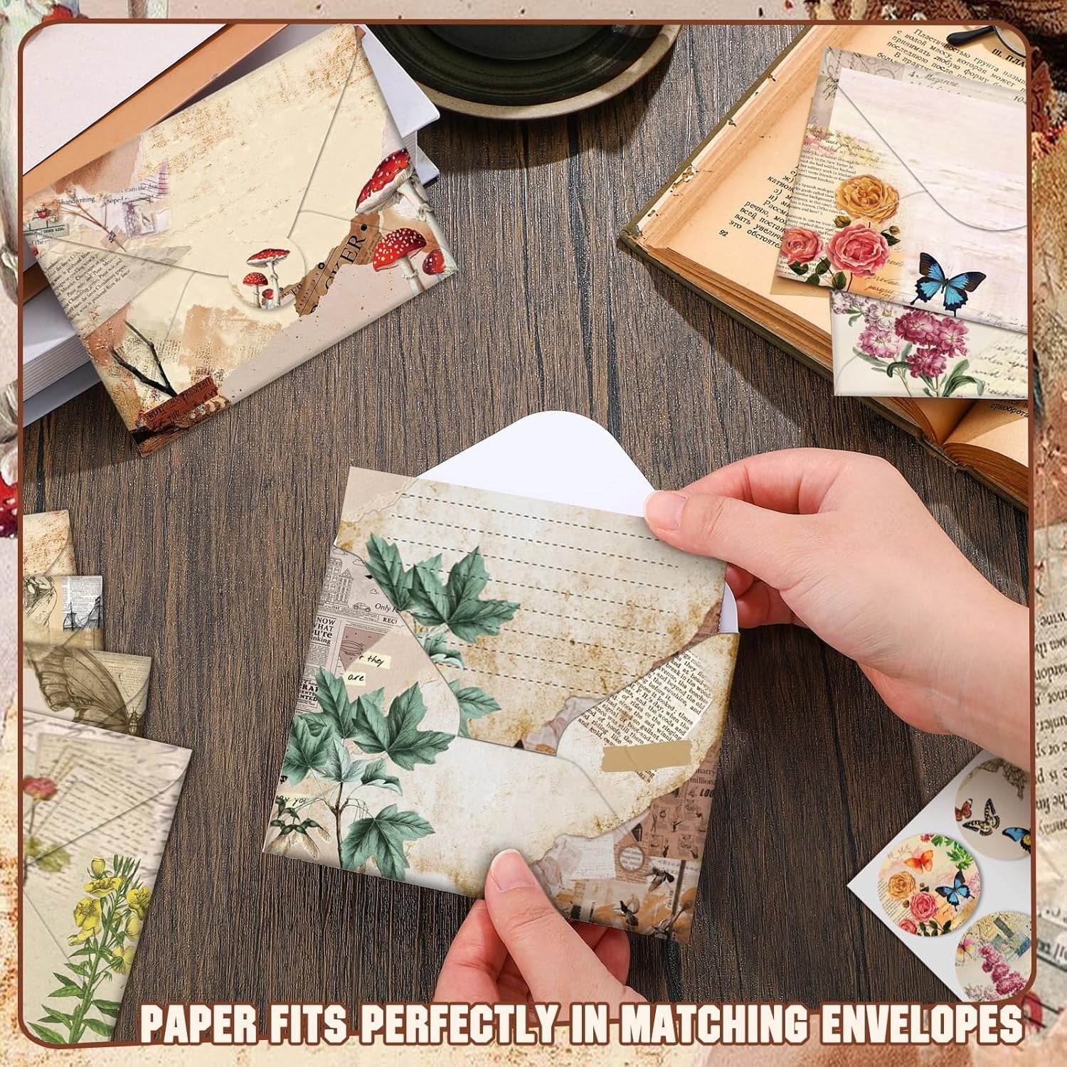 160-piece stationery paper set, 50 double-sided stationery papers with 50 matching envelopes and 60 dot stickers, 10 designs (natural vintage style, 5.5 x 8.25 inches)