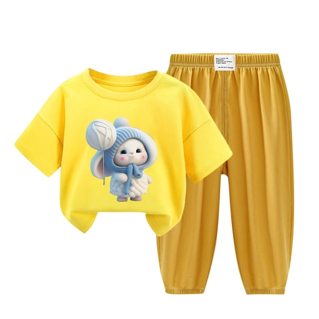Odeerbi 2-12 Años Niño Niña Conjunto de Verano Camiseta de Manga Corta de Algodón Ice Silk Pantalón de Chándal Conjunto de Dos Piezas de Ropa Interior Estampada