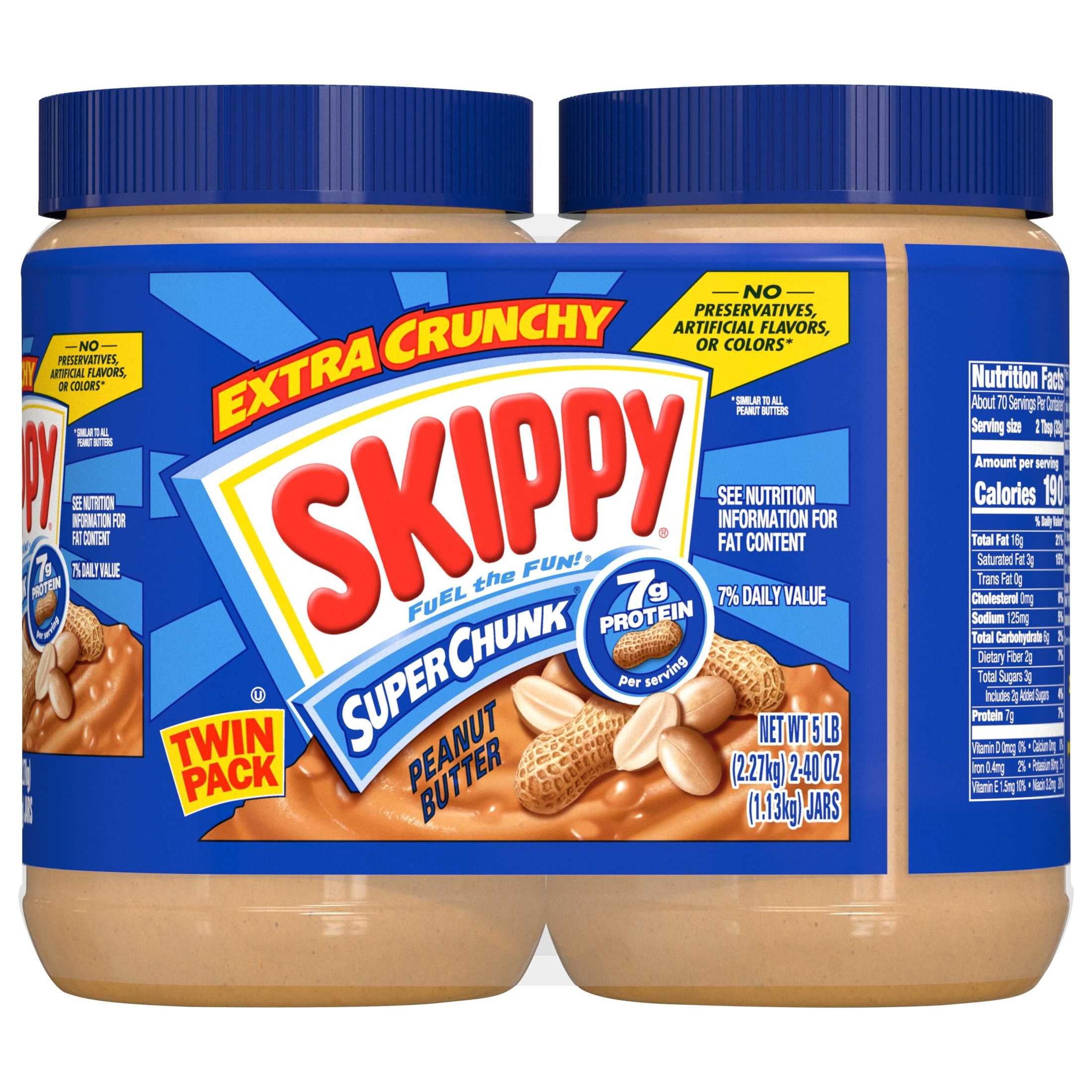 (4 pack) SKIPPY SUPER CHUNK Peanut Butter Twin Pack 2-Pack, Shelf-Stable, 40 oz Plastic Jar