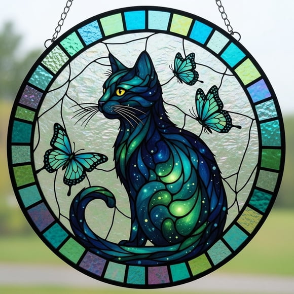 Kadlawus Cats Stained Glass Window Hanging for Home Decor, Acrylic Cat Sun Catcher Ornament, Handcrafted Feline Suncatcher for Window, Door, Gift