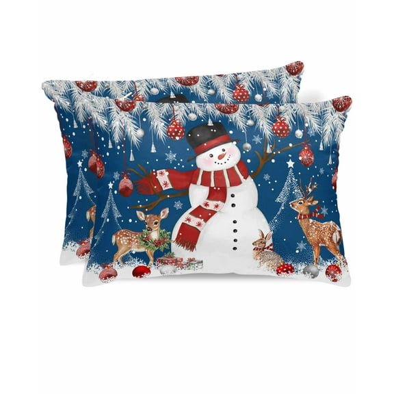 Hokiten Pillow Cases Standard Size Set of 2, Lumbar Pillow Covers, Navy Blue Christmas Satin Pillowcases with Zipper for Hair/Skin, Snowman Elk Balls Snowflake Xmas 20x26 Inches