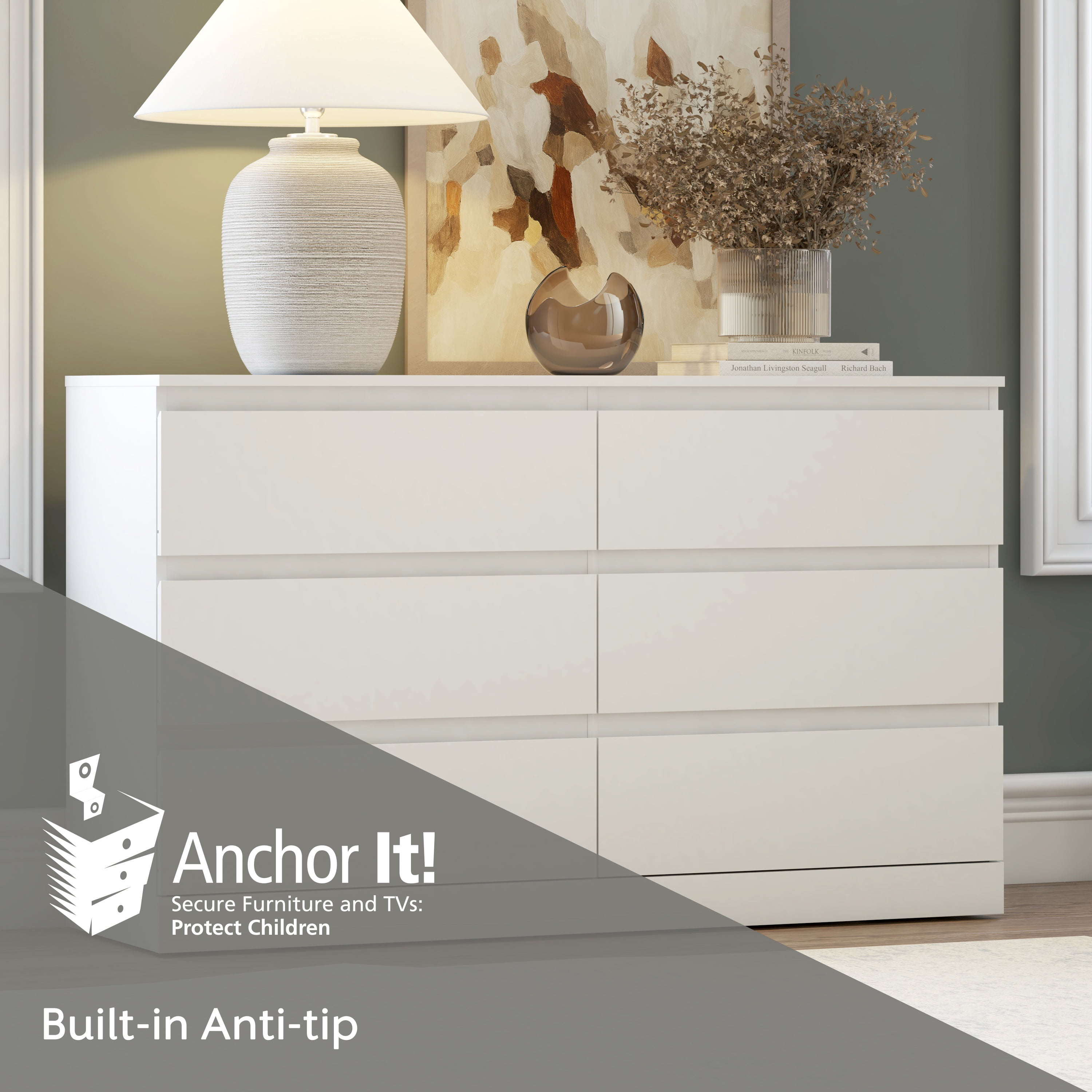 Brindle 6 Drawer Dresser, Matte White, by Hillsdale Living Essentials