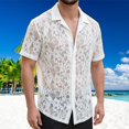 thumbnail image 2 of RUTAYY Men's Shirts Solid Color Button Down Short Sleeve Knitted Hollow Out Casual Turndown Collar Tops Comfortable Breathable Beach Holiday Blouse, 2 of 9