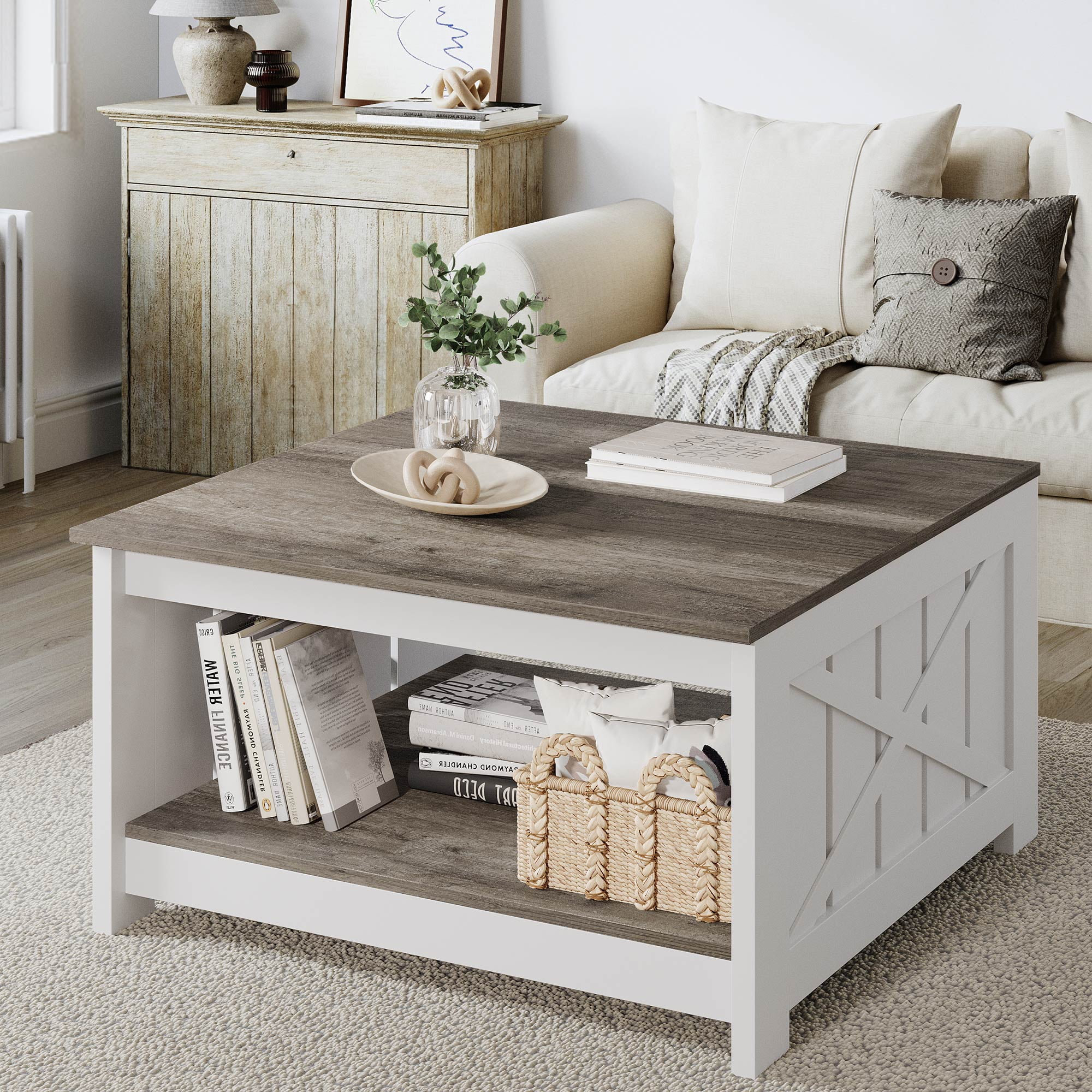 Dextrus Coffee Table with Storage, Square Wood Farmhouse Coffee Table with Barn Door for Living Room, Brown