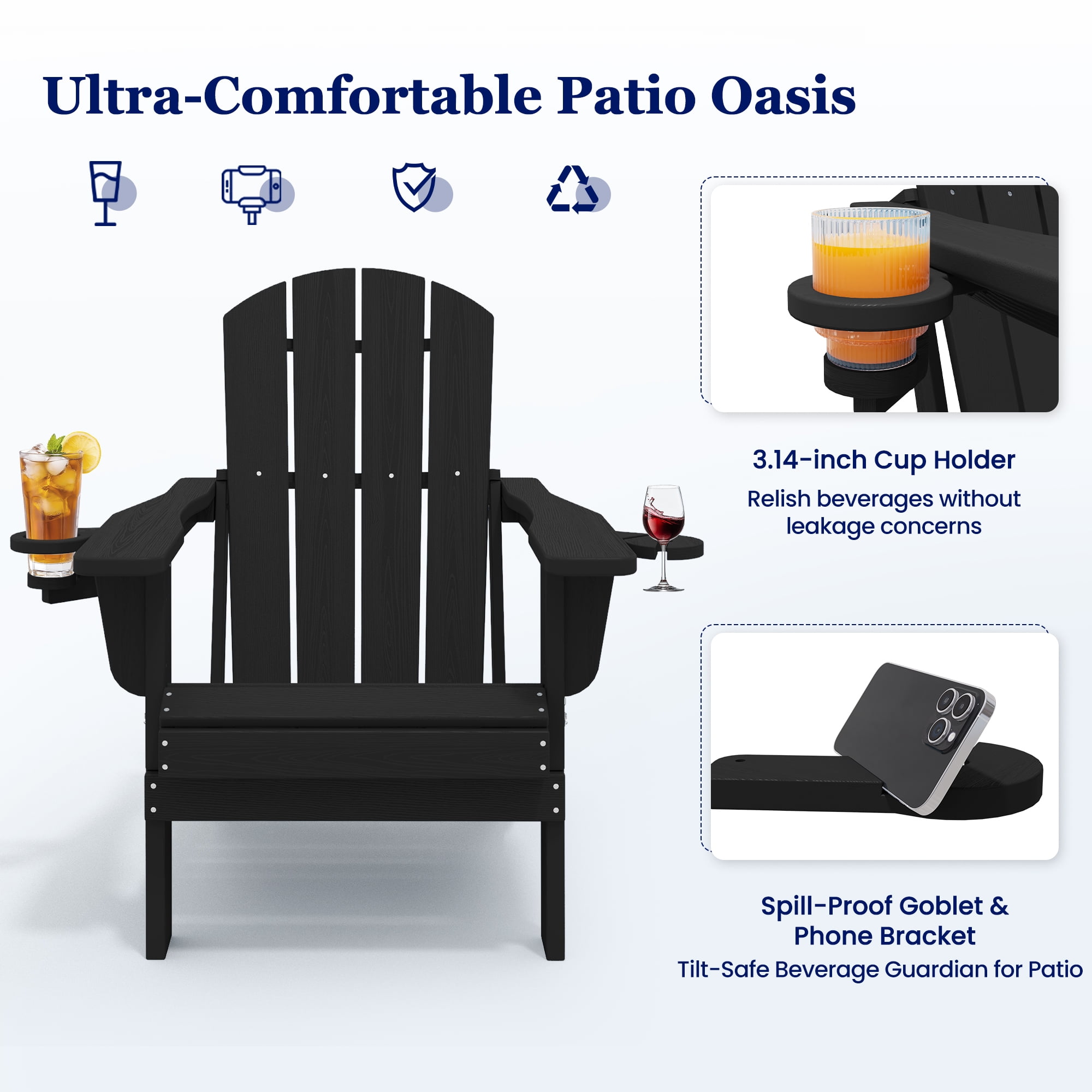 SERWALL Folding Adirondack Chair Set with Dual Cup Holders & Phone Holder, All-Weather HDPE Fire Pit Chairs for Outdoor, Patio, Poolside, Garden - Black