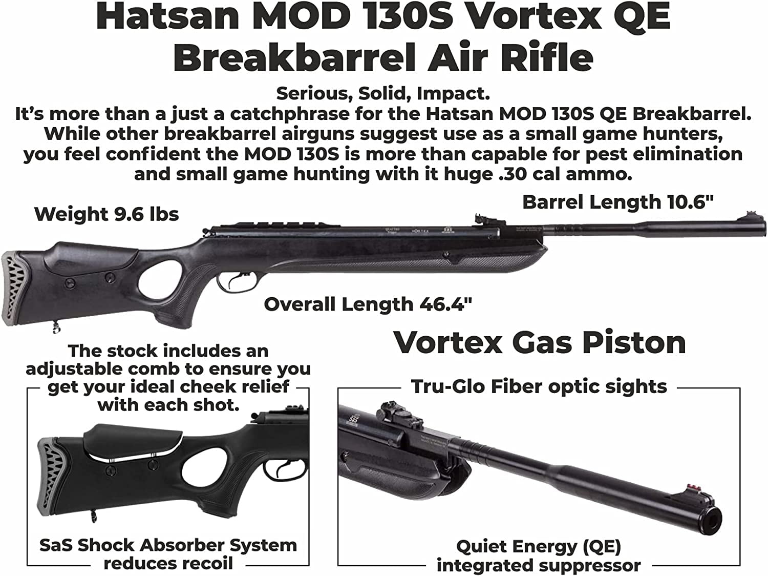 Buy Hatsan Mod 130S Vortex QE .30 Cal Airrifle and Pellets and Hat