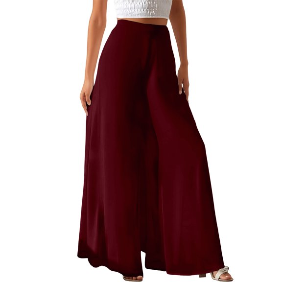 Rggeeun Women Pants Solid Color Elastic High Waist Ankle Length Curved Hem Wide Leg Loose Fit Soft Drape With Side Pockets For Vacation Kawaii Bottoms,Red,Xxl