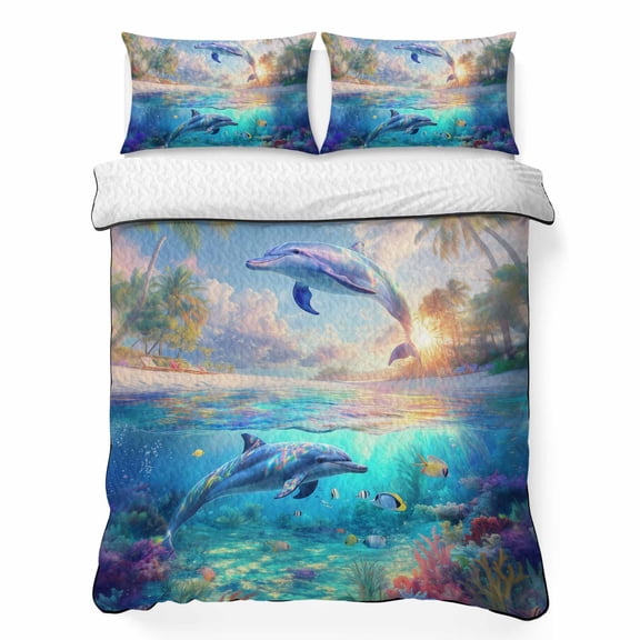 Dolphins 3 Piece Quilt Bedding Set with 2 Pillow Shams, Ocean World Summer Lightweight Bedspread Coverlet, Soft Breathable All Season Quilt, 96 x 106 Inch