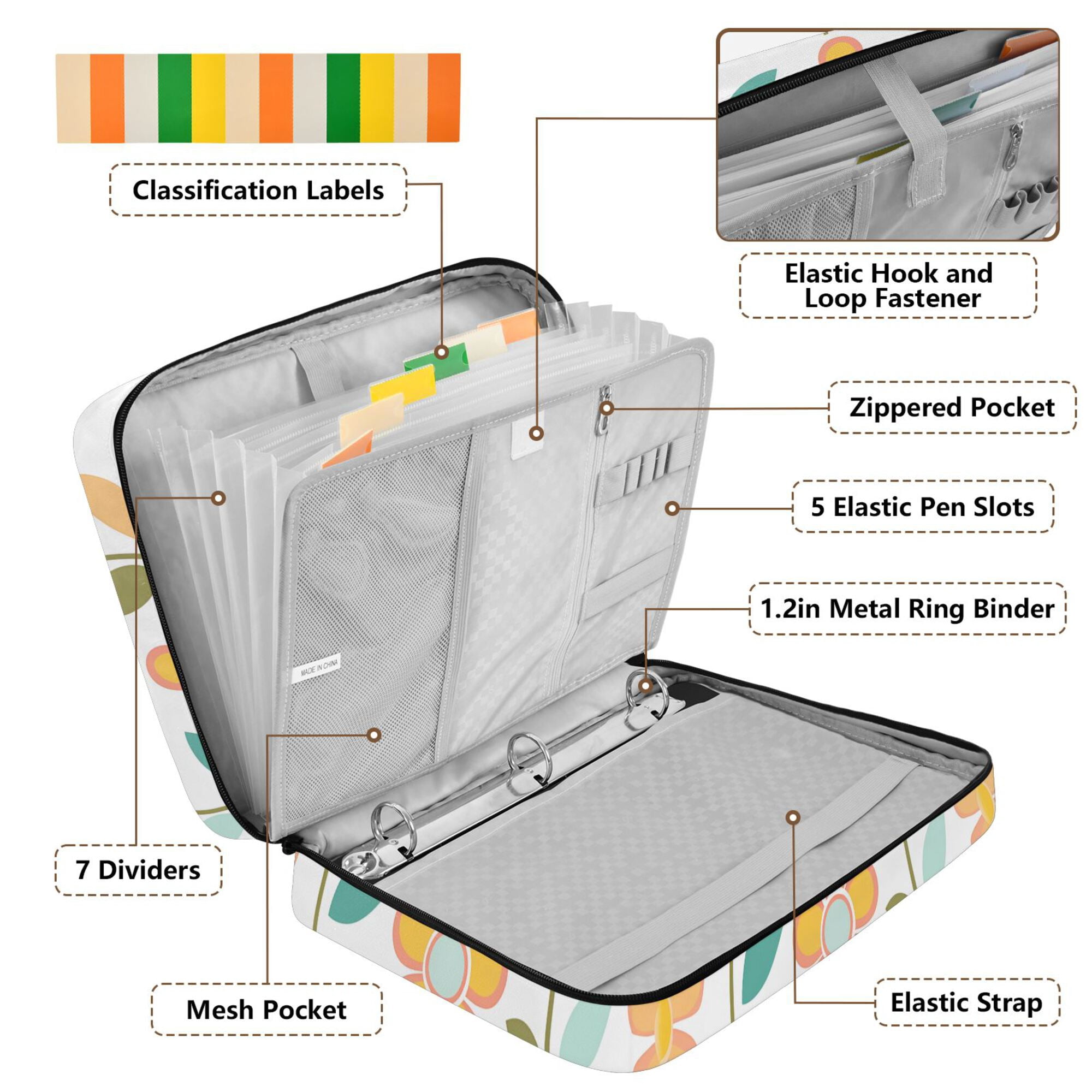 FORMRS Accordion File Folder A4 Size 7-Pocket Expanding Document Organizer Bag with 3 Ring Binder, Orange Retro Flower