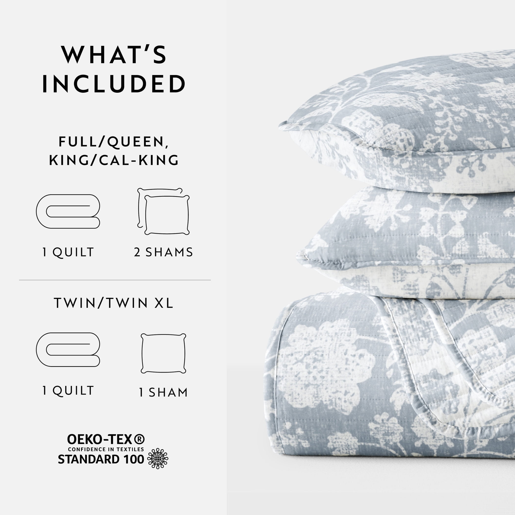 Noble Linens 3-Piece Light Blue Textured Floral Reversible Quilt Set, Twin