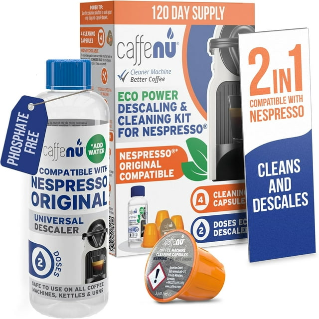 Kit de Détartrage Compatible & Capsules ning. 2 Utilisations Solution de Détartrage & 4 Capsules ner. Élimine le Calcaire & Zone de Capsule ns. Meilleur Goût, Café Plus Chaud. Originaline.
