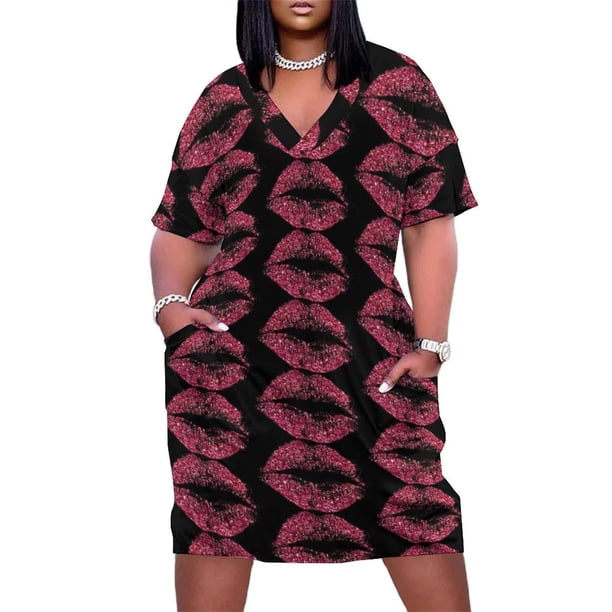 Vestido elegante con bolsillos sueltos y labios rojos brillantes para mujer, vestido de playa estilo coreano.