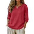 thumbnail image 4 of Sillenn Notch Neck Puff Bubble 3/4 Sleeve Cotton Linen Blouse for Women Loose Fit Dressy Casual Muslin Shirt Lightweight Breathable Relaxed Fit Tunic Shirt Casual Summer Basic Linen Shirts Red S, 4 of 9