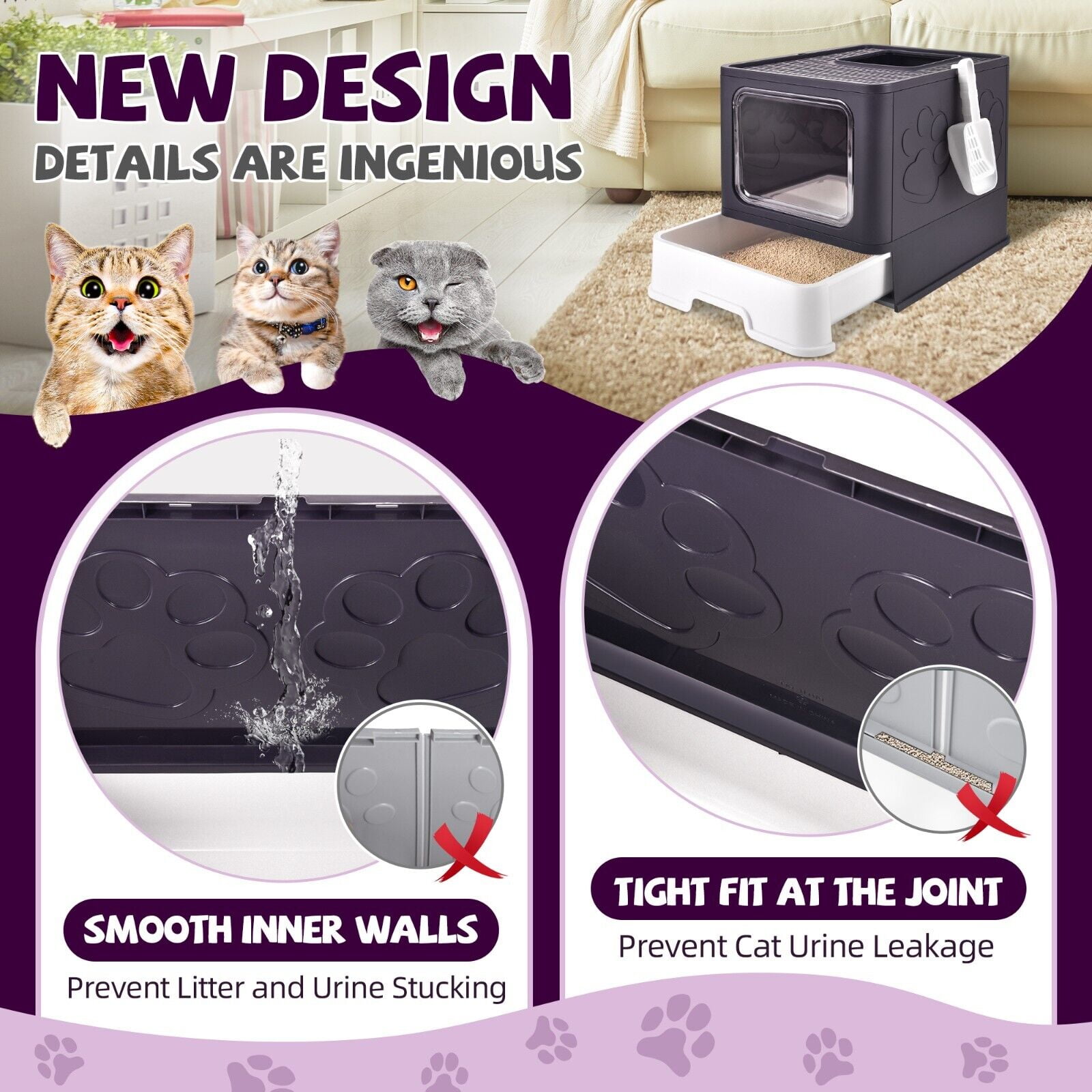Cat Litter Box with Litter Mat and Scoop, Large Foldable Litter Box with Lids, Free in& Out Covered Kitty Litter Box, Odor Control Enclosed Litter Box, Anti- Splashing Easy Clean,Dark Purple