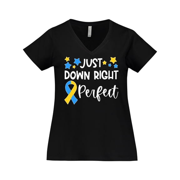 Inktastic Just Down Right Perfect Down Syndrome Awareness Ribbon Women's Plus Size V-Neck T-Shirt
