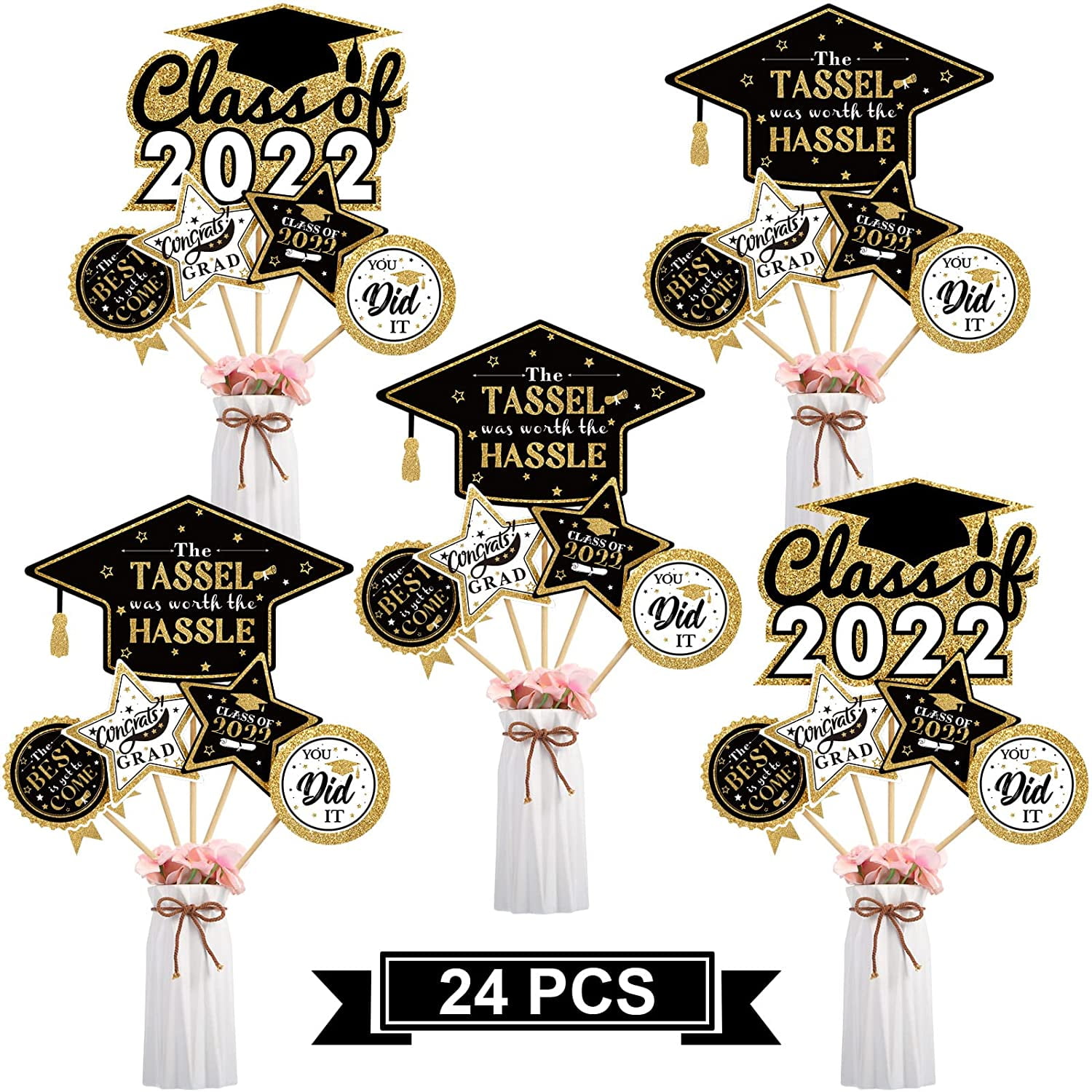 2020 Décoration de Fête de Graduation 24 Pièces Bâtons de Pièce Maîtresse de Fête de Graduation Table Toppers de Graduation Congrats Nurse/ Tassel Worth The Hassle 