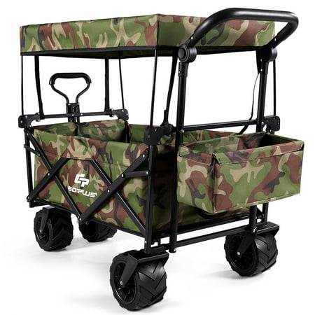 Goplus Collapsible Folding Wagon Cart W/ Canopy Outdoor Utility Garden Trolley Buggy camouflage