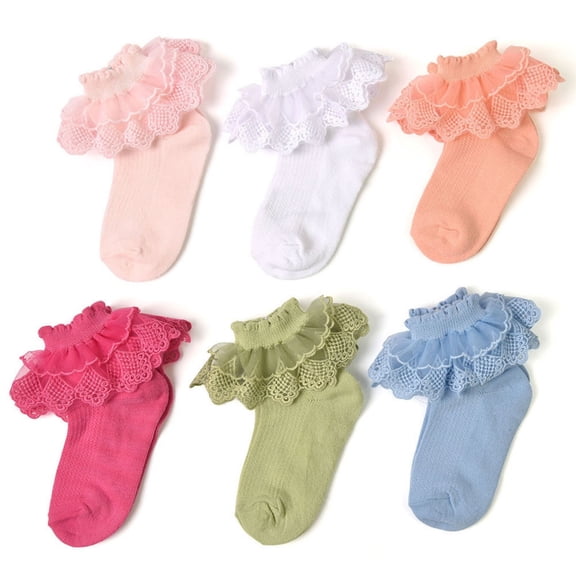 CPNG Girls 6 Pack Princess Cotton Ruffle Socks Double Eyelet Lace Frilly Dress Multicolored Ankle Socks Cotton Turn Cuff Socks for Toddler