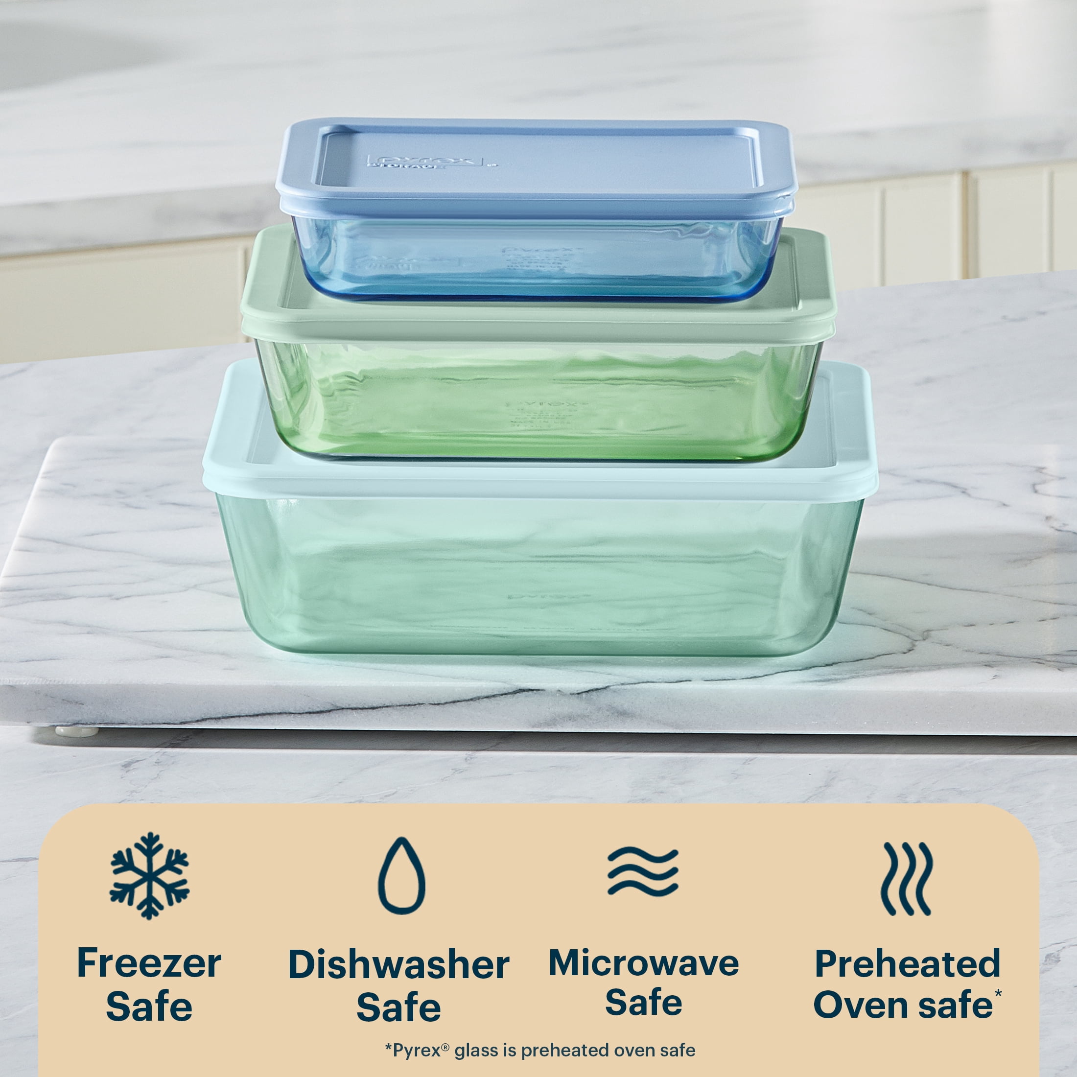 Pyrex Simply Store Tinted 6-piece Rectangle Storage Set with Plastic Lids, Green/Blue/Aqua