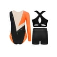 thumbnail image 2 of inlzdz Dance Unitards for Girls Shiny Rhinestones Color Block Asymmetrical Skating Leotard with Orange 16, 2 of 5