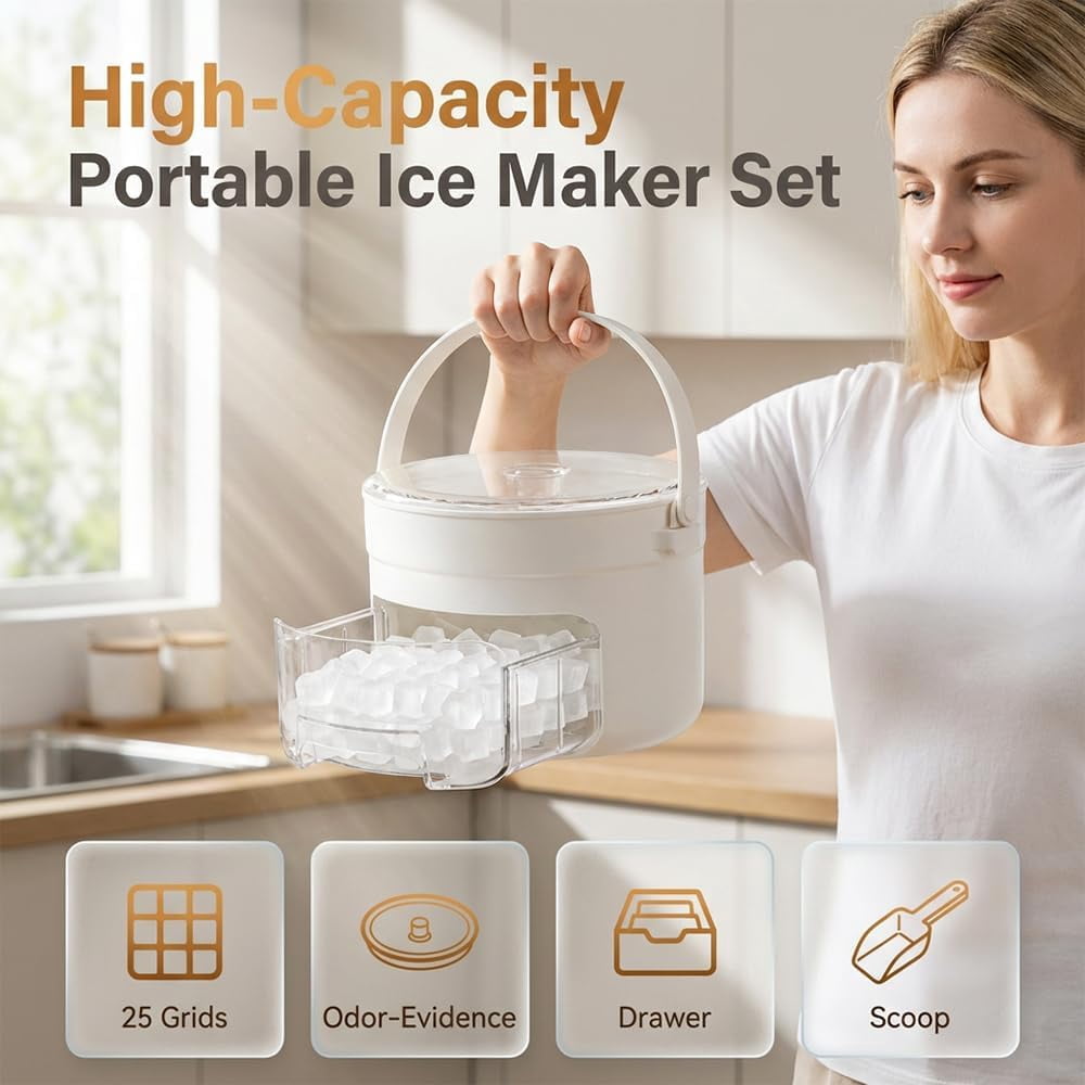 Ice Cube Tray with Lid and Bin, 25/50 Cube Press-Type Ice Maker Tray with Easy Press Lid, BPA-Free Compact Ice Cube Maker with Handle, Portable Ice Bucket for Freezer, Whiskey Cocktail