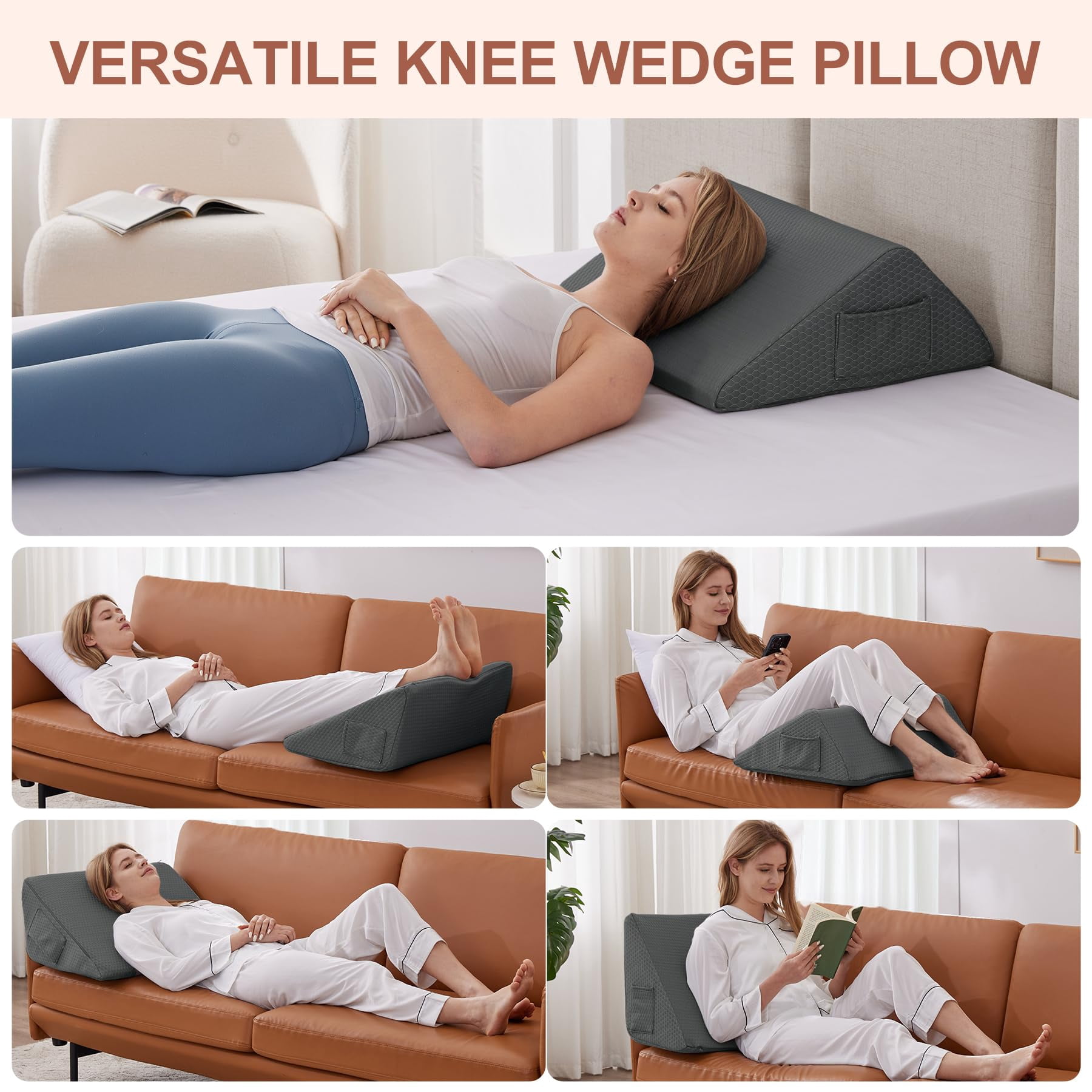 Wedge Pillow  Memory Foam Leg Bed For Sleeping Triangle Support Elevation Knees (23.6" X 23" 7.9" Large Size Black)
