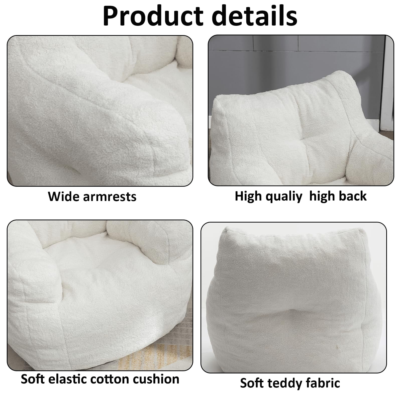 Lecut Bean Bag Chair Large Bean Bag Chair for Adults with Armrest Comfy Bean Bag Sofa with Foam Filling Fluffy Lazy Chair Soft Teddy Fabric Tufted Bean Bag for Dorm Bedroom Gaming White