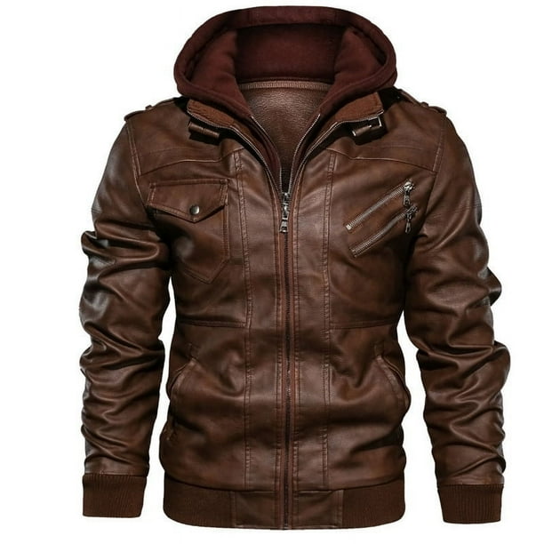 Abrigo de cuero PU de punto fino con capucha desmontable para hombre de primavera y otoño, abrigo de cuero de motocicleta de talla grande