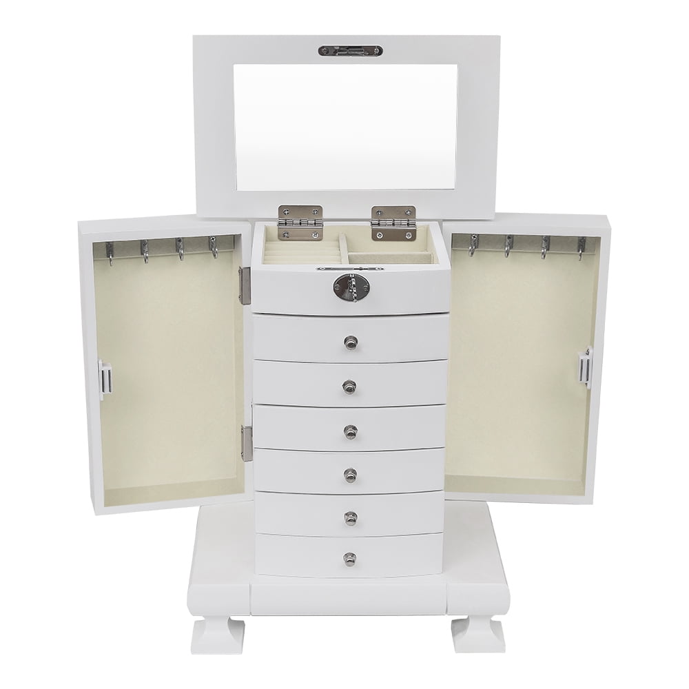 Kepooman 7 Layers Wooden Jewelry Box Case with Lock, Women' s Jewelry Display Storage Case Holder for Necklaces Rings Earrings Watches, White Kepooman 7 Layers Wooden Jewelry Box Case with Lock, Women' s Jewelry Display Storage Case Holder for Necklaces Rings Earrings Watches, White