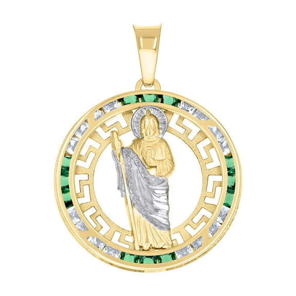 14K Yellow Gold Green CZ Unisex 1.40" Greek Key Charm St. Jude Medallion Pendant