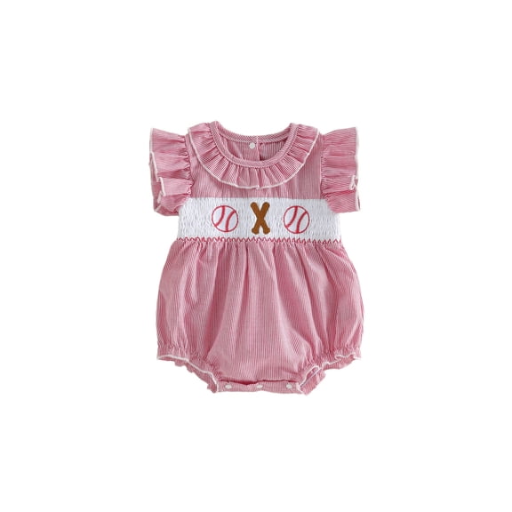 BemeyourBBs Newborn Baby Girls Baseball Outfit Smocked Bubble Romper Ruffle Fly Sleeve Crew Neck Stripes Embroidery Baseball Infant Bodysuit Cute Infant Girl Summer Clothes