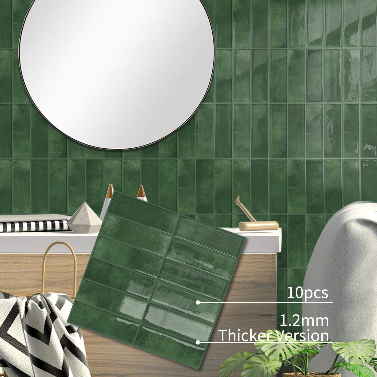 DEWOO 10pcs Peel and Stick Backsplash Wall Tiles, Extra Thick 3D Wall Panels, Heat & Water Resistant, Easy DIY Kitchen, Bathroom, Laundry, Fireplace & Rental Home Wall Décor (Dark Green, 12"×12")