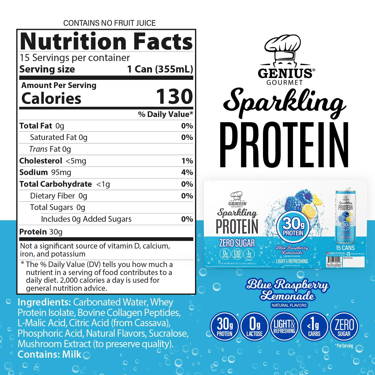 Genius Gourmet Sparkling 30g Protein, Blue Raspberry Lemonade, 12 Fl Oz (15 Ct)