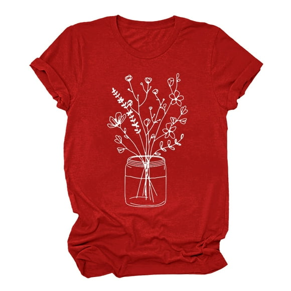 Chemise pour Femmes Été Hauts Décontractés pour Femmes Femmes Col Rond Manche Courte Quotidien Texte Botanique Floral Haut Chat T-Shirt Adulte Vêtements Femme Rouge Taille g