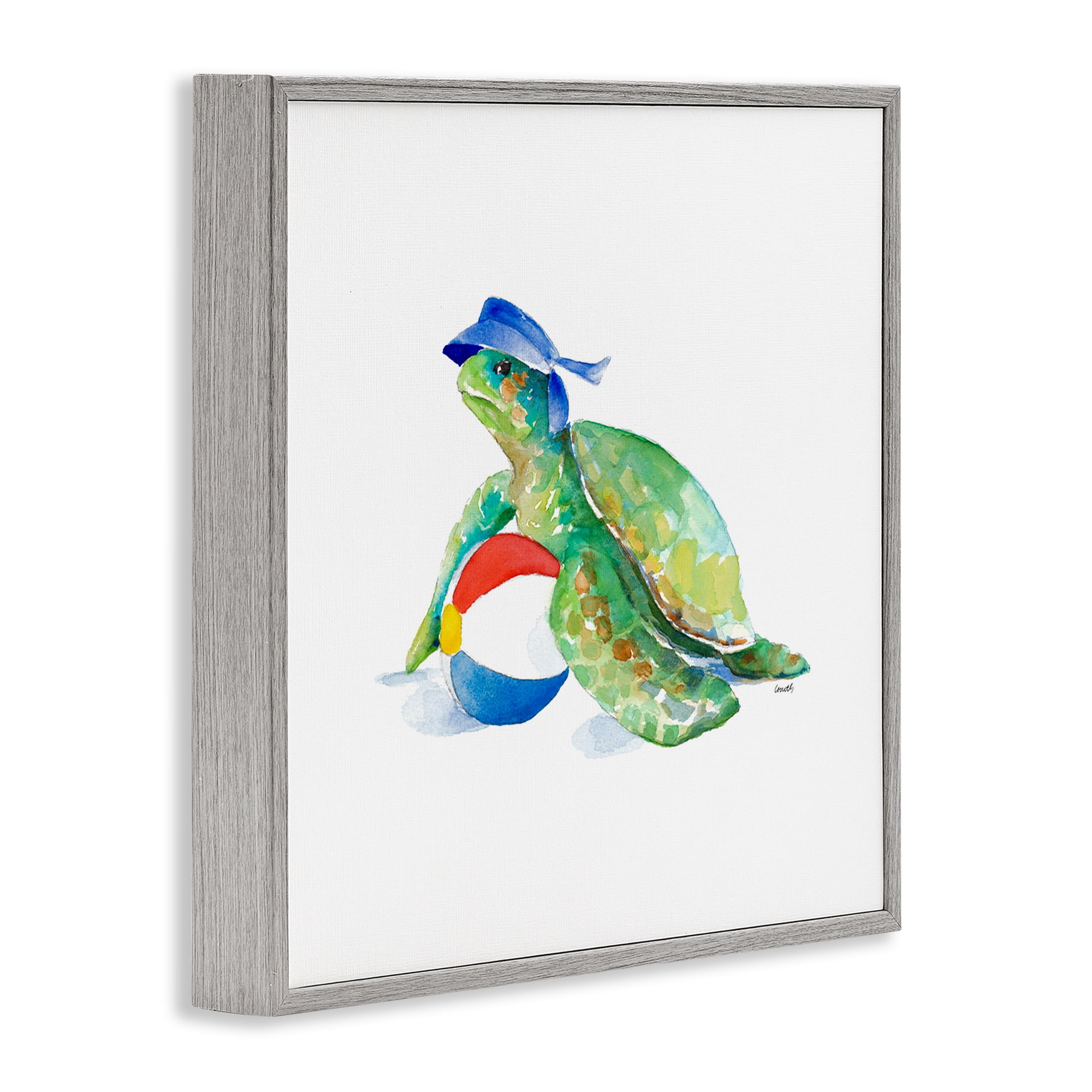 Stupell Industries Turtle & Beach Ball Novelty Painting Gray Framed Art Print Wall Art, 12 x 12