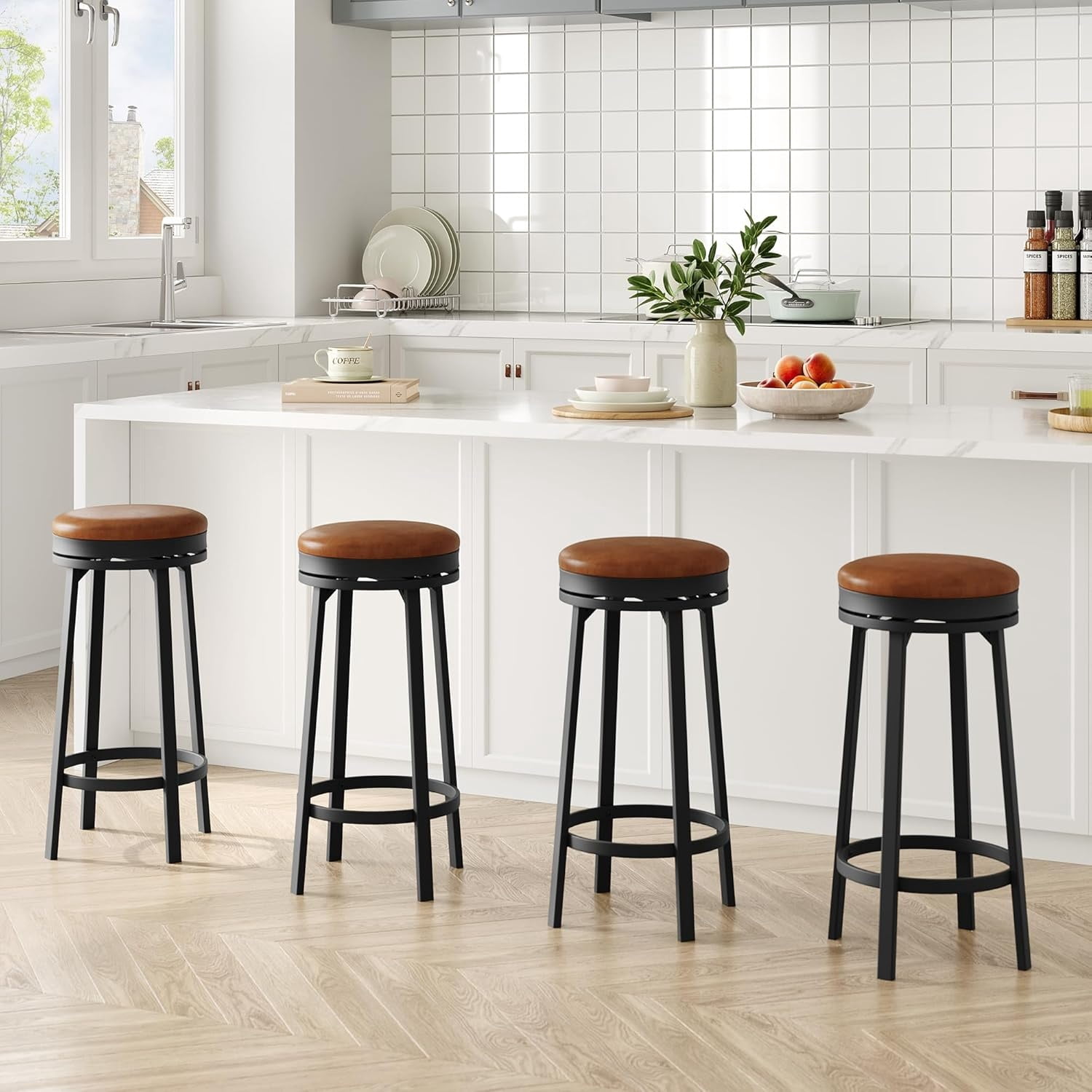 2/4 PCS Home Kitchen 360° Swivel Bar Stool Set of 4, PU Leather Upholstered Counter Height Bar Stool with Metal Footrests, Mid Century Modern Barstool for Kitchen, Dinig Rooms, Apartments