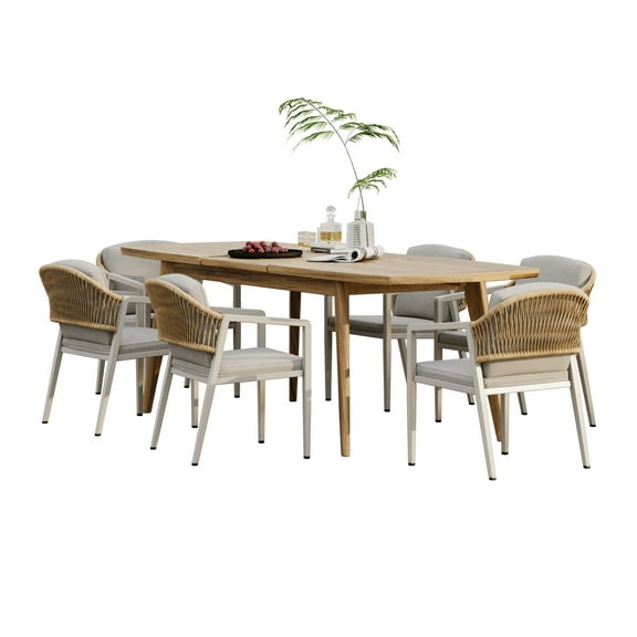 GDF Studio Jiana 7-piece Outdoor Patio PE Rattan and Acacia Wood Dining Set, Gray Teak