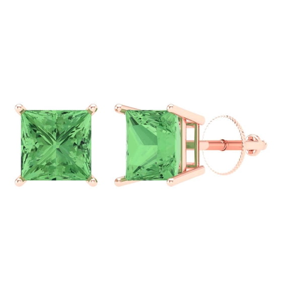 3 ct Screw-Back Stud Earrings for Women | 6.5mm Princess Cut Simulated Green Diamond | 18K Rose Gold
