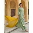 thumbnail image 3 of Janasya Indian Women's Light Green Cotton Floral Print Kurta with Flared Palazzo and Dupatta, 3 of 7
