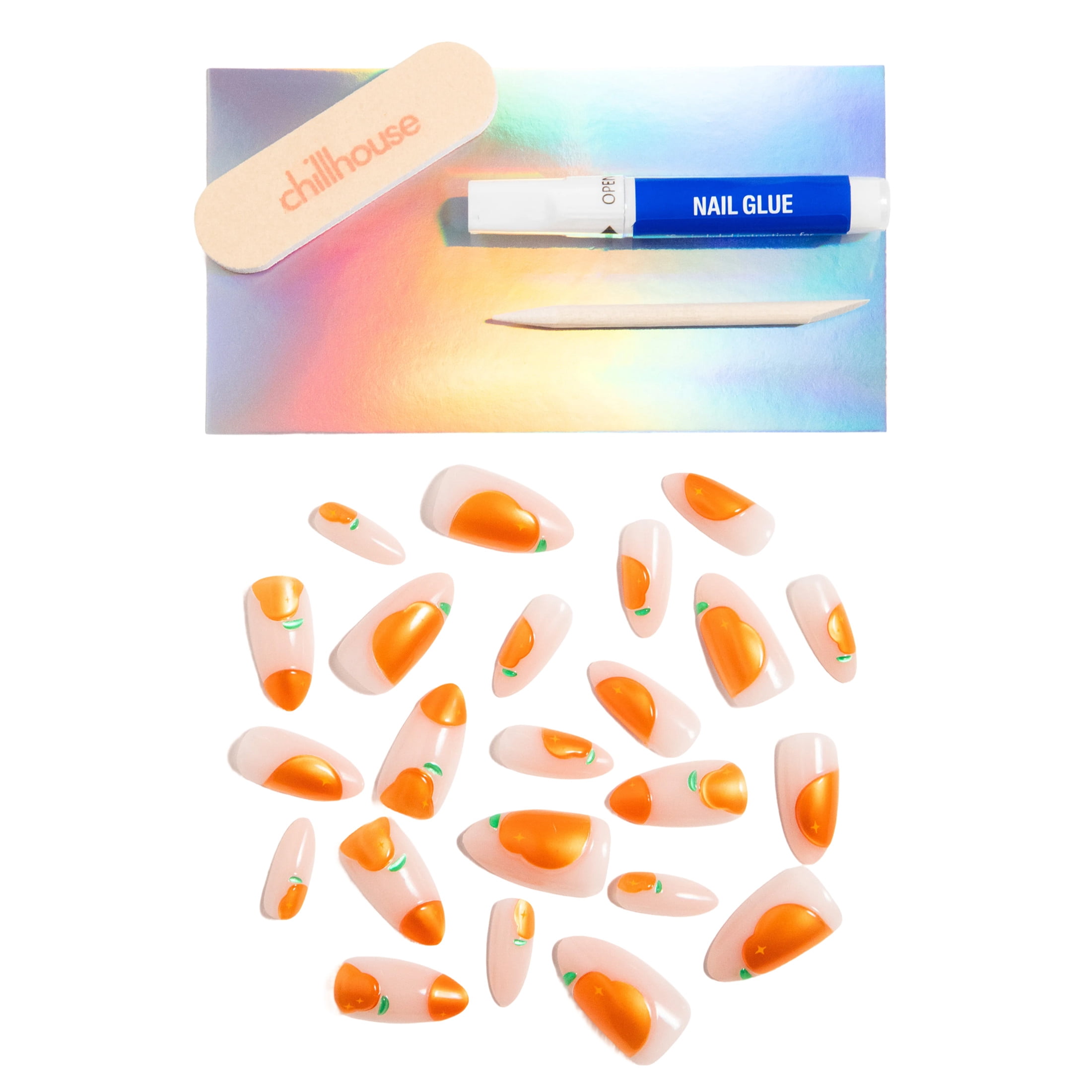 Chillhouse Chill Tips - Signatures Press On Nails, Worth the Squeeze, Almond Long, Orange and Beige, 30 Fake Nails