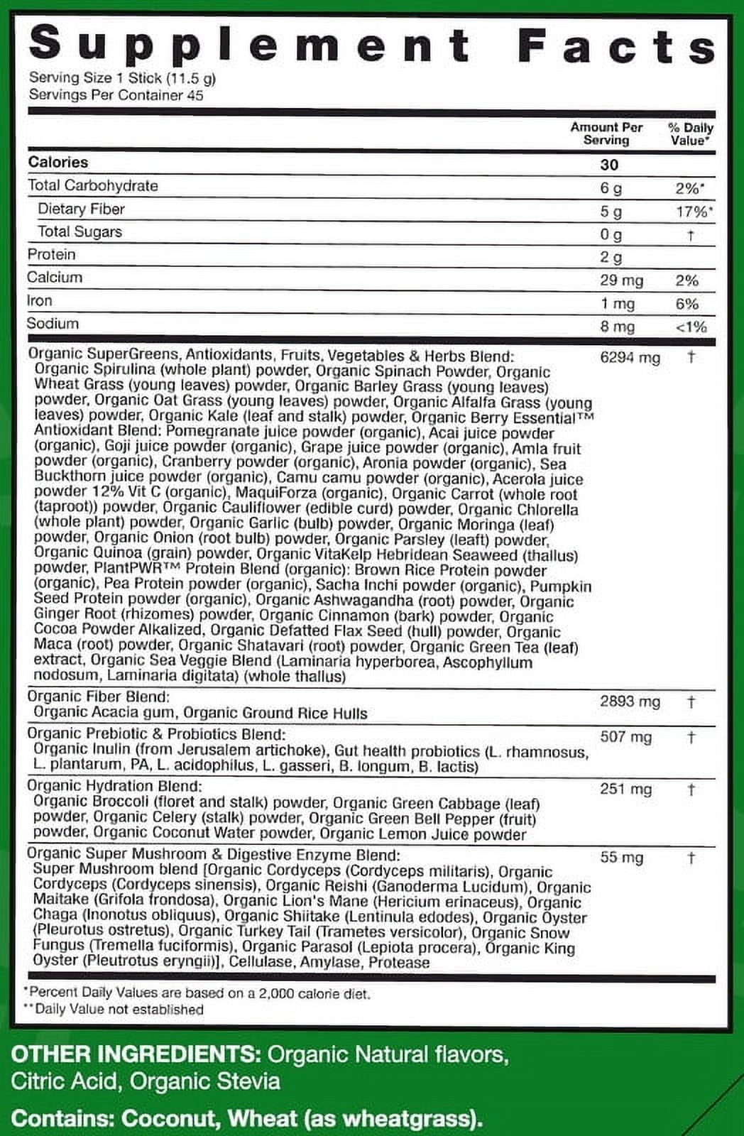 Zena Nutrition Organic Super Greens Powder, Mixed Berry, 0 Sugar, 5G Fiber, Superfoods, 45 Servings