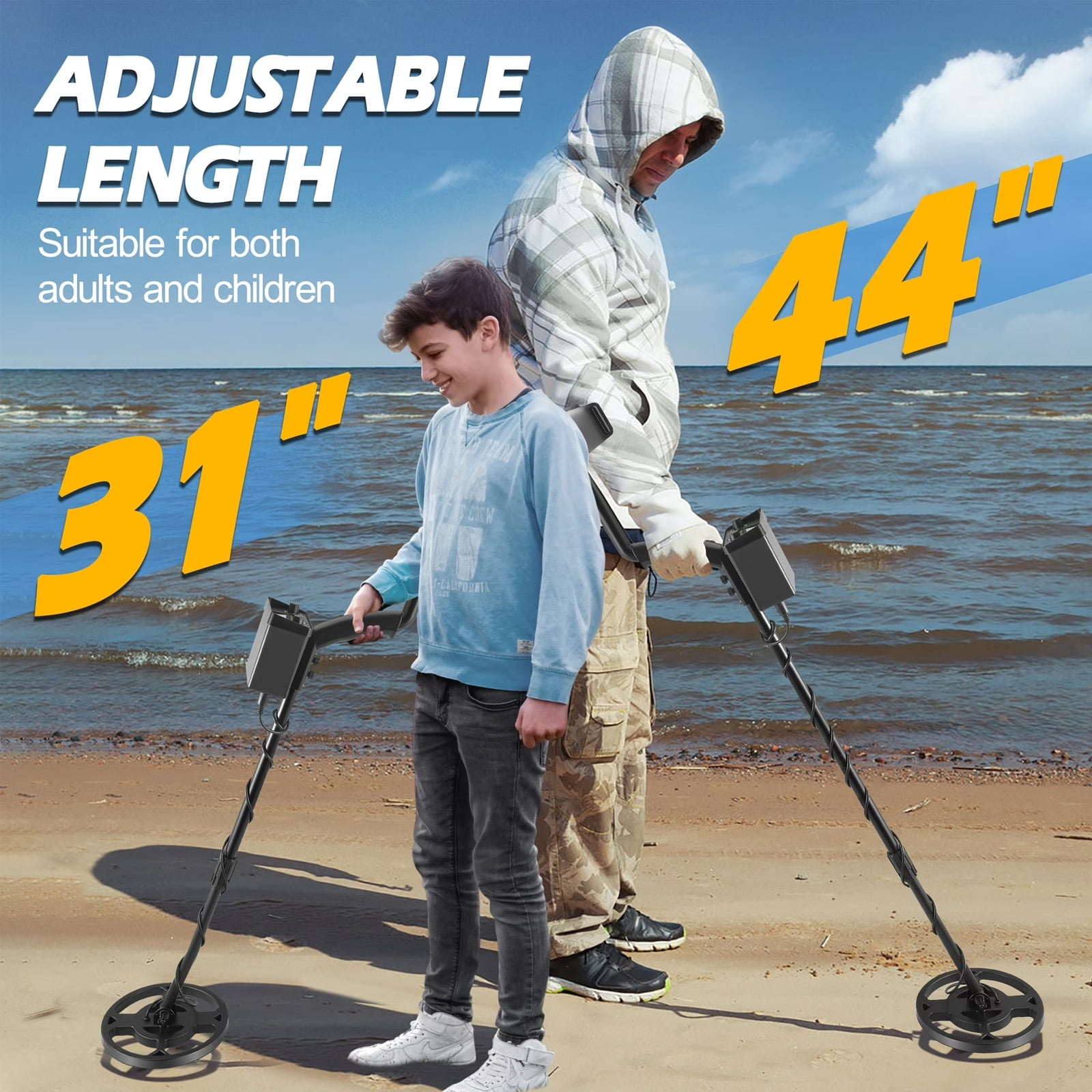Golyzmt Metal Detector for Adults & Kids, High Precision Gold Digger with 2 Search Modes, IP65 Waterproof Search Coil, 31"-44" Adjustable Rod, Treasure Hunting for Beach Backyard