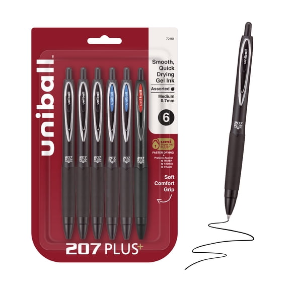 uniball™ 207 Plus Retractable Gel Pens, Medium Point (0.7mm), Assorted Ink, 6 Count