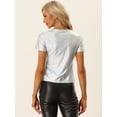 thumbnail image 3 of Camiseta de Color Metálico para Mujer con Cuello en V Party Clubwear Shiny Top Plata XL, 3 of 5