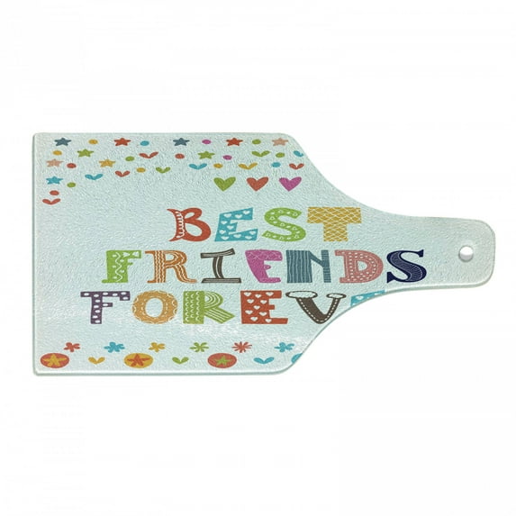 Best Friend Cutting Board, Vibrant Bff Design with Hearts Stars Polka Dots Funky Font Wording, Decorative Tempered Glass Cutting and Serving Board, in 3 Sizes, by Ambesonne