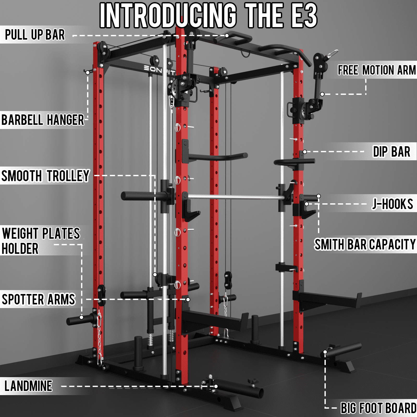 Eonfit E3 Smith Machine with 3D Rotating Arm for Home Gym Equipment, Multi-Function Power Cage Squat Rack with Cable Crossover LAT Pulldown Pulley System All in One (E3 RED PRO)