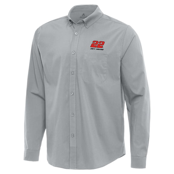 Men's Antigua Gray Joey Logano Flight Woven Tri-Blend Long Sleeve Button-Down Shirt