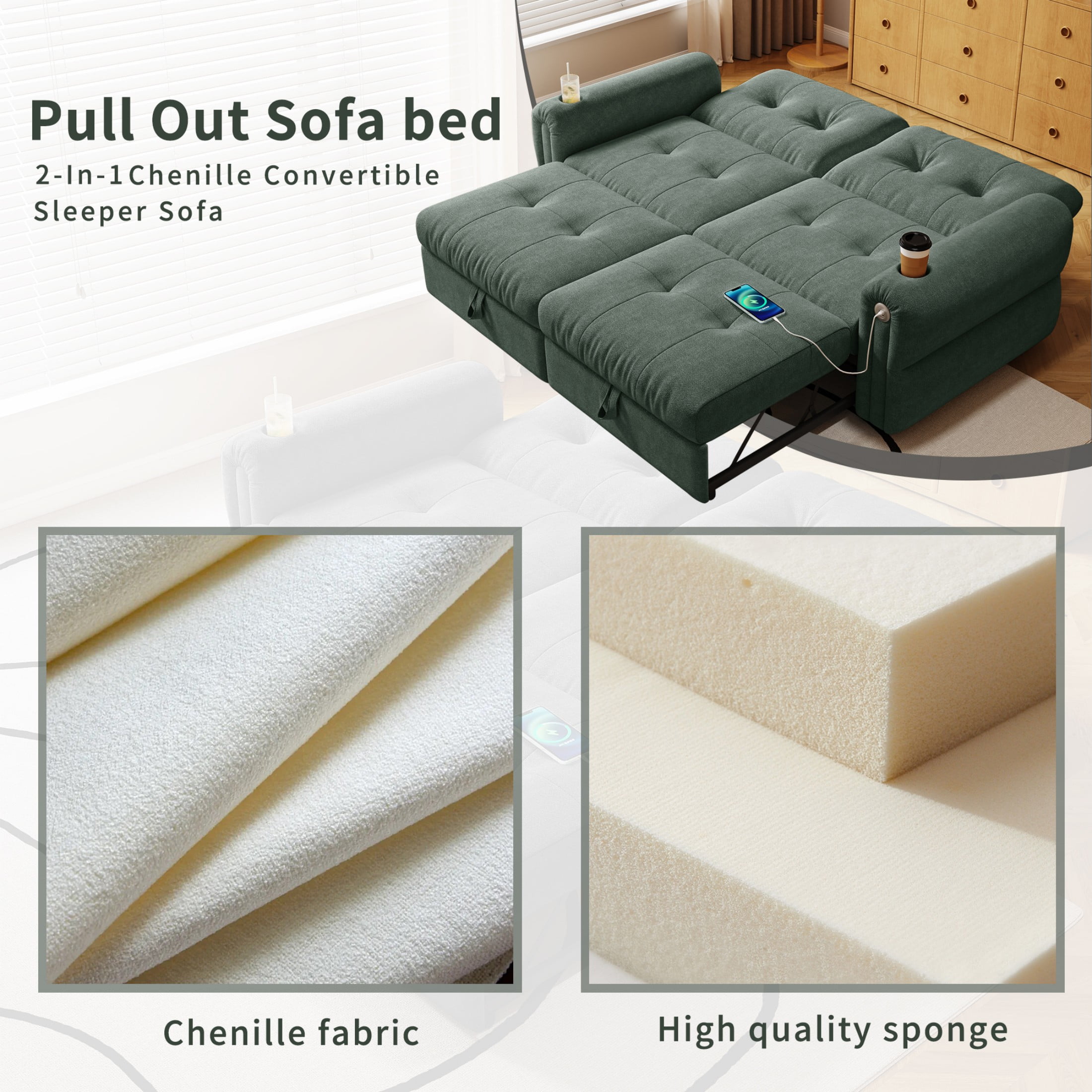 77" Queen Size Sofa Bed, Loveseat Sleeper Sofa with Pull Out Bed and USB, 2 Seater Convertible Small Couch for Living Room Bedroom Apartment (Green, Chenille)