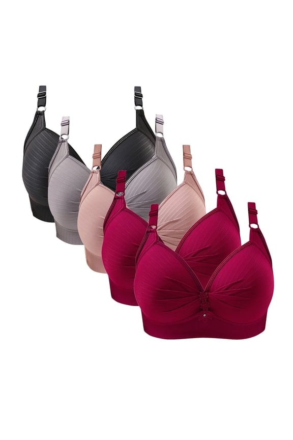 Women's Plus Size Bra Full Coverage Seamless Solid Bras Comfortable Wirefree Bralette Pleated Stretchable Staps 5pc Lingerie